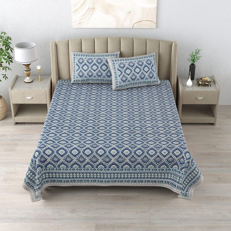 DE CAMA Since 1997 | 100% Cotton 300 TC Premium King Size Bedsheet for Double Bed (90 x 108 Inch) with 2 Pillow Covers Set (17 x 27 Inch) Designer Printed Bedsheet Set - Ikat Blue - Image 3