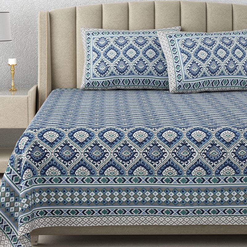 DE CAMA Since 1997 | 100% Cotton 300 TC Premium King Size Bedsheet for Double Bed (90 x 108 Inch) with 2 Pillow Covers Set (17 x 27 Inch) Designer Printed Bedsheet Set - Ikat Blue - Image 1