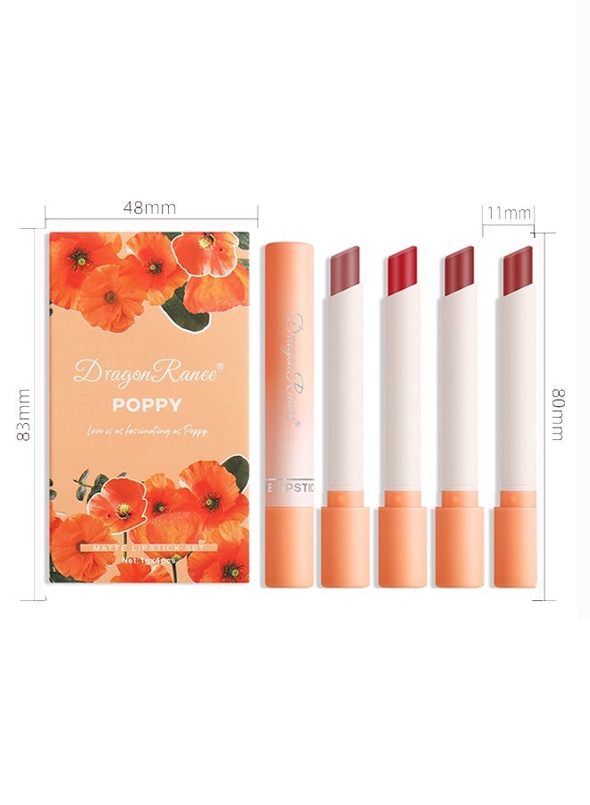 Dragon Ranee 4Pcs Matte Lipstick Set Moisture Lip Glossy Waterproof Long Lasting Lip liner Set Lipstick for Women Makeup （POPPY） - Image 5