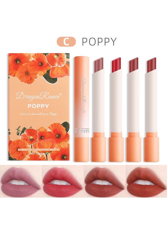 Dragon Ranee 4Pcs Matte Lipstick Set Moisture Lip Glossy Waterproof Long Lasting Lip liner Set Lipstick for Women Makeup （POPPY） - Image 1