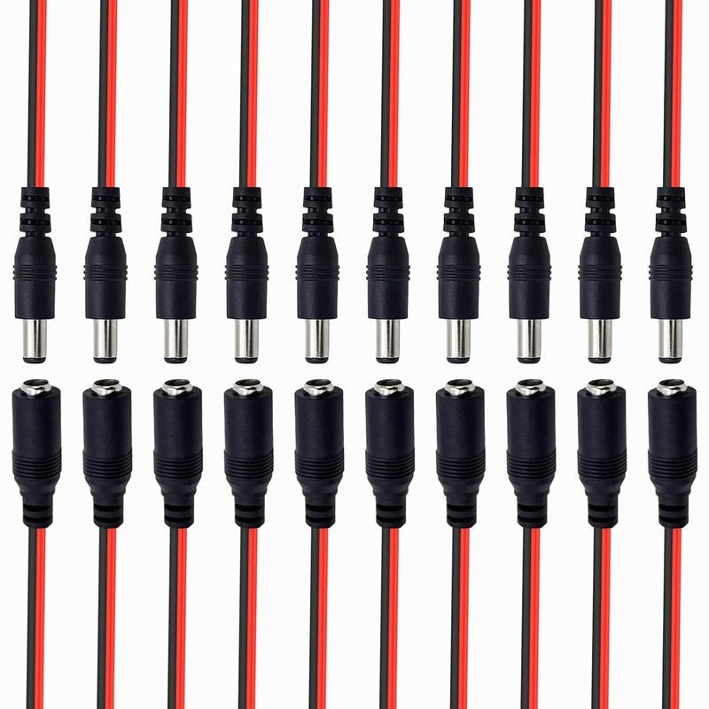 KEBILSHOP 10 Pairs DC Power Cable 12v 5a Plugs Male Female Connectors12 Volt dc Power Connector 55mm x 21mm 12vdc 18 AWG DC Power Pigtail Cable Wire byfor CCTV Security Camera and Lighting BLACK  - Image 1
