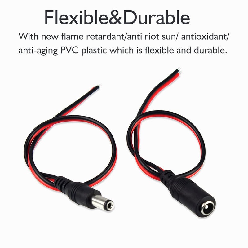 KEBILSHOP 10 Pairs DC Power Cable 12v 5a Plugs Male Female Connectors12 Volt dc Power Connector 55mm x 21mm 12vdc 18 AWG DC Power Pigtail Cable Wire byfor CCTV Security Camera and Lighting BLACK  - Image 3