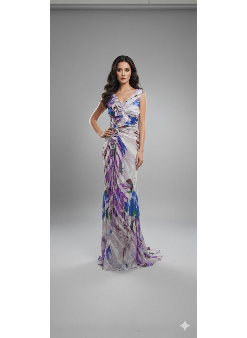 Elegant Natural Silk Floral Print Gown with 3D Appliqués - Image 4
