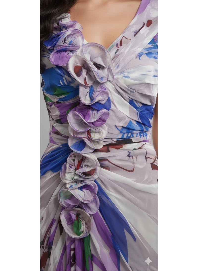Elegant Natural Silk Floral Print Gown with 3D Appliqués - Image 3
