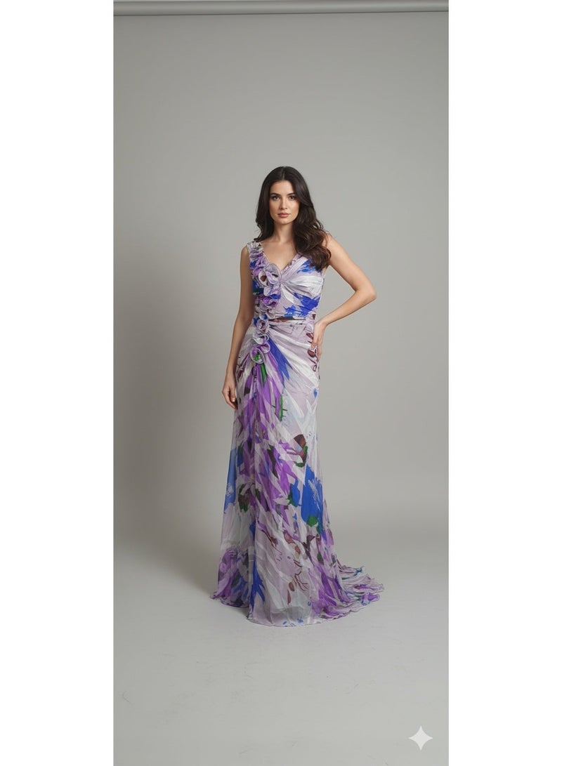Elegant Natural Silk Floral Print Gown with 3D Appliqués - Image 1