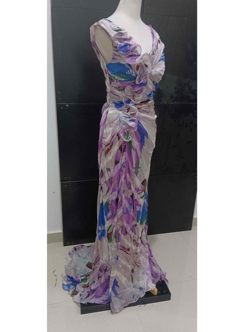 Elegant Natural Silk Floral Print Gown with 3D Appliqués - Image 2