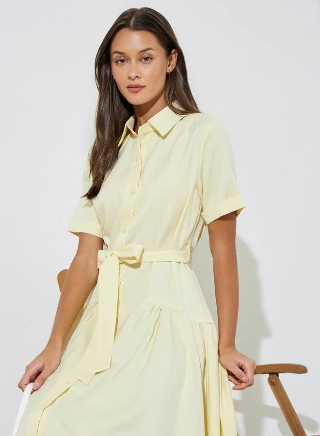 Yellow Solid Belted Waist Shirt Midi Dress