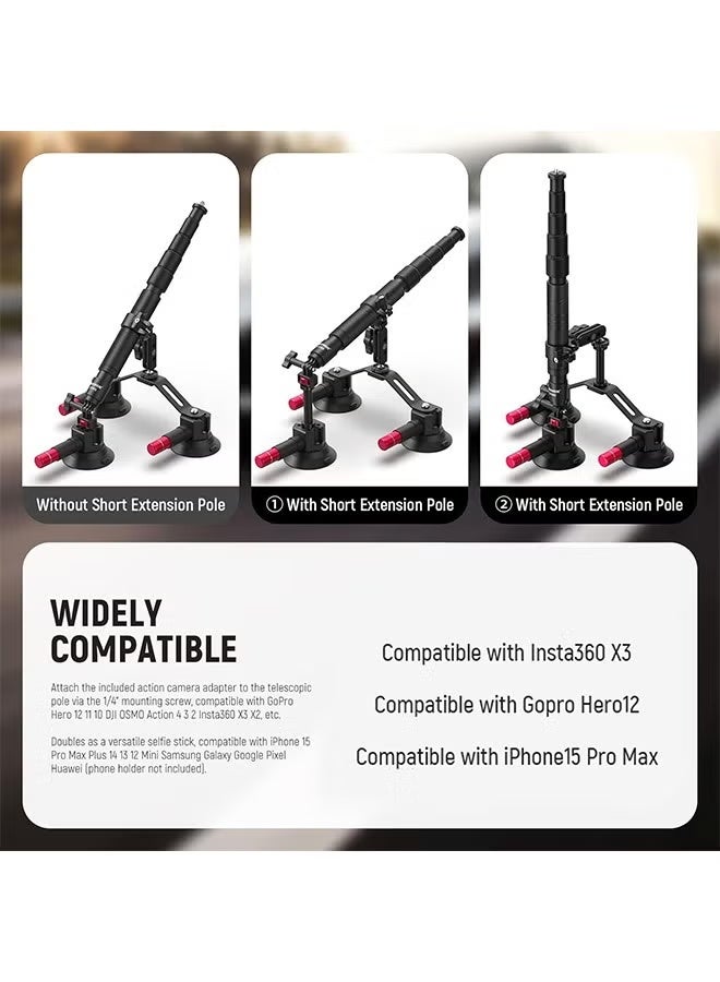 NEEWER Triple Suction Cup Car Mount Kit with 3in1 Extension Pole/Selfie Stick, Quick Release Outside Windshield Magic Arm Camera Mount with Action Camera Adapter Compatible with GoPro Insta360, CA065 - Image 3