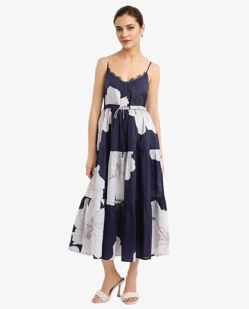 Rareism Rareism Women's Acker Navy Cotton Fabric V-Neck Slip-On Closure Sleeveless Floral Print Relaxed Fit Midi Dress