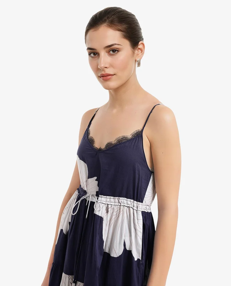 Rareism Rareism Women's Acker Navy Cotton Fabric V-Neck Slip-On Closure Sleeveless Floral Print Relaxed Fit Midi Dress