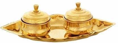 Bekner Chandan Roli/Tika Chopda Set/Chawal Akshat Haldi Dibbi/Kumkum Holder Box with Lid Brass Brass (Gold) - Image 1