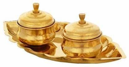 Bekner Chandan Roli/Tika Chopda Set/Chawal Akshat Haldi Dibbi/Kumkum Holder Box with Lid Brass Brass (Gold) - Image 4