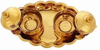 Bekner Chandan Roli/Tika Chopda Set/Chawal Akshat Haldi Dibbi/Kumkum Holder Box with Lid Brass Brass (Gold) - Image 3