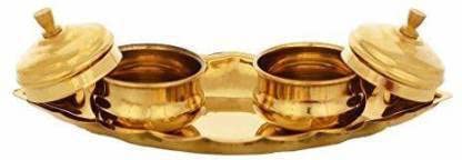 Bekner Chandan Roli/Tika Chopda Set/Chawal Akshat Haldi Dibbi/Kumkum Holder Box with Lid Brass Brass (Gold) - Image 2