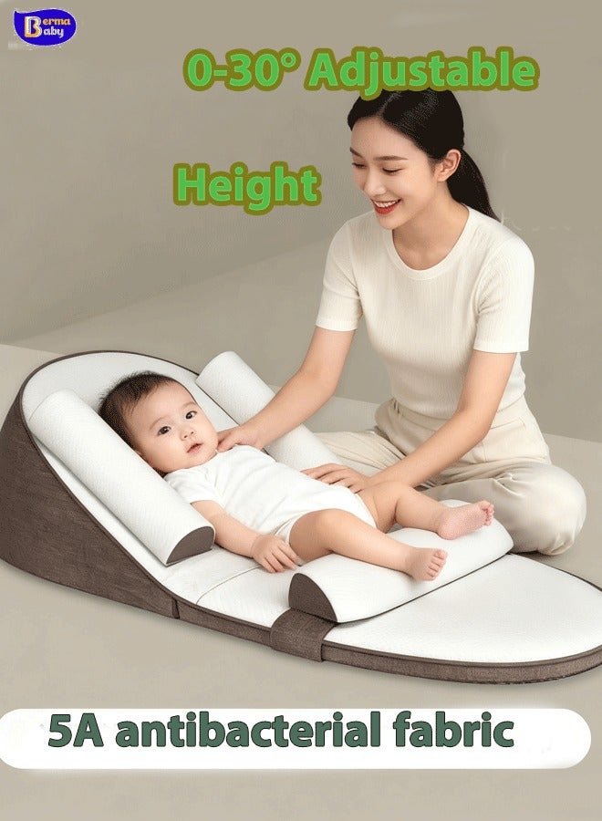 Berma Baby وسادة سفر للأطفال مضادة للارتجاع، تخفف من البصق، وسائد منحدرة، وسادة رضاعة قابلة للتعديل من 0 إلى 30 درجة للرضاعة الطبيعية، حصيرة منحدر الحليب المضادة للبصق، وسادة داعمة من القطن الذكي متعددة الوظائف ومتعددة الطبقات، وسادة دعم الوضعية يمكن تعديل الارتفاع، تصميم هندسي بني - Image 1