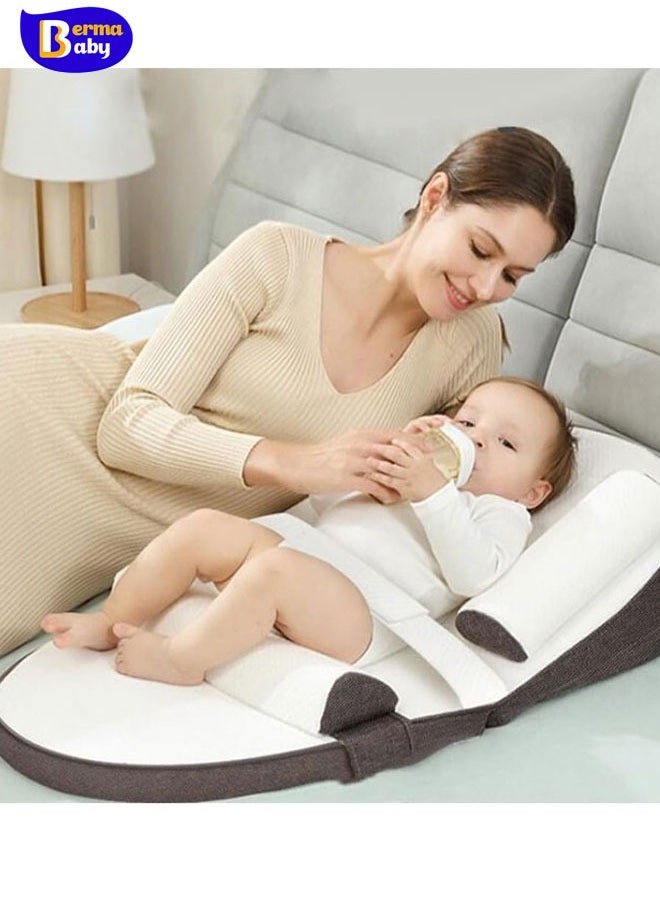 Berma Baby سرير استرخاء للرضيع، سرير سفر للرضع، عش نوم للرضيع، وسادة نوم إسفين للرضيع، وسادة مضادة للارتجاع، ارتفاعها قابل للتعديل من 0-30 درجة تخفف من القيء الحليب، المغص المعوي، قضبان جانبية (كاكي)  - Image 1