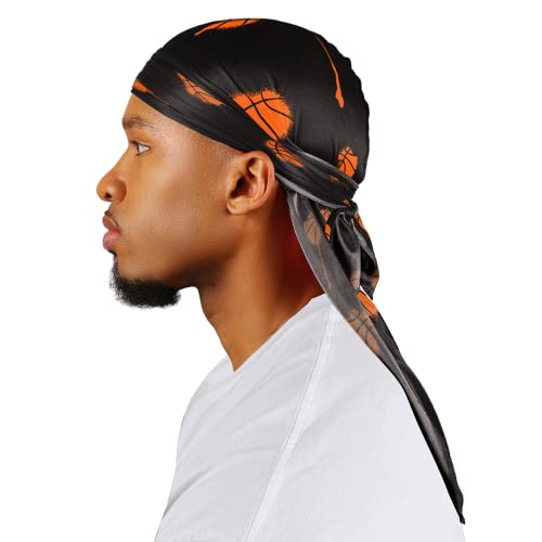 Superstitch Supersilky Ultra Silky Durag x Wavebuilder | 30+ Styles Premium Designer Durags for Men | 360 Waves | Black with Drippy Basketballs (Sweaty) - Image 1