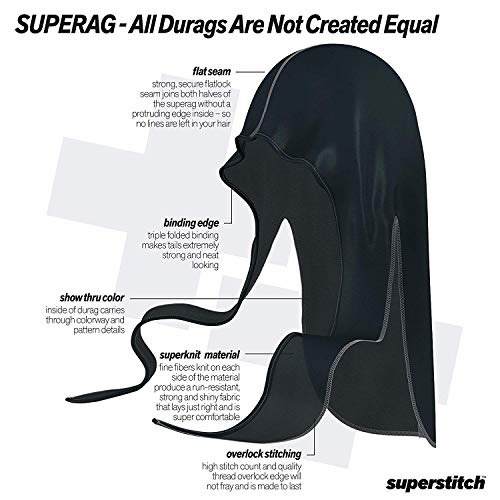 Superstitch Supersilky Ultra Silky Durag x Wavebuilder | 30+ Styles Premium Designer Durags for Men | 360 Waves | Black with Drippy Basketballs (Sweaty) - Image 5