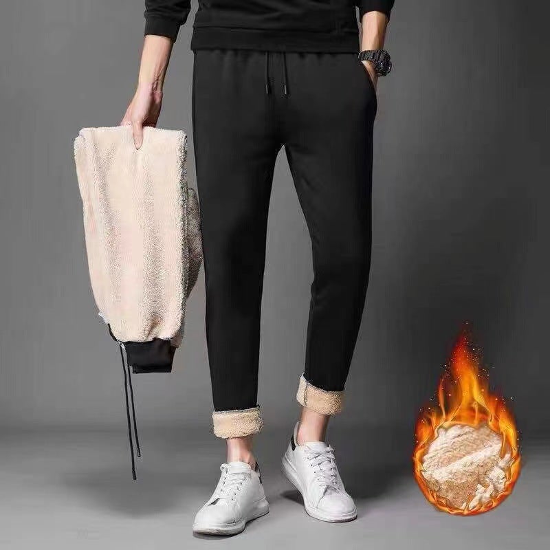 Mens Plush Thick Hoodie Casual Sweater Lambskin Pants 
