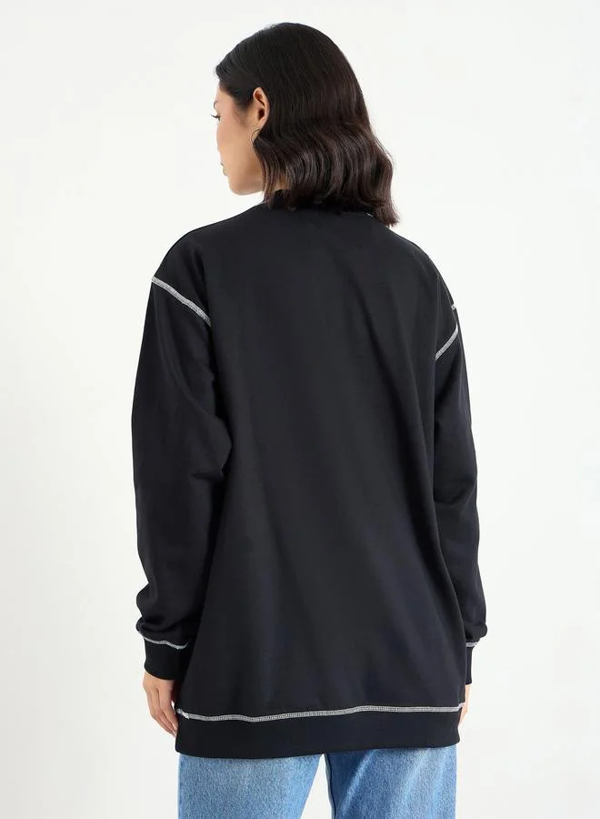 Styli Styli Black Longline Embroidered Slogan Sweatshirt