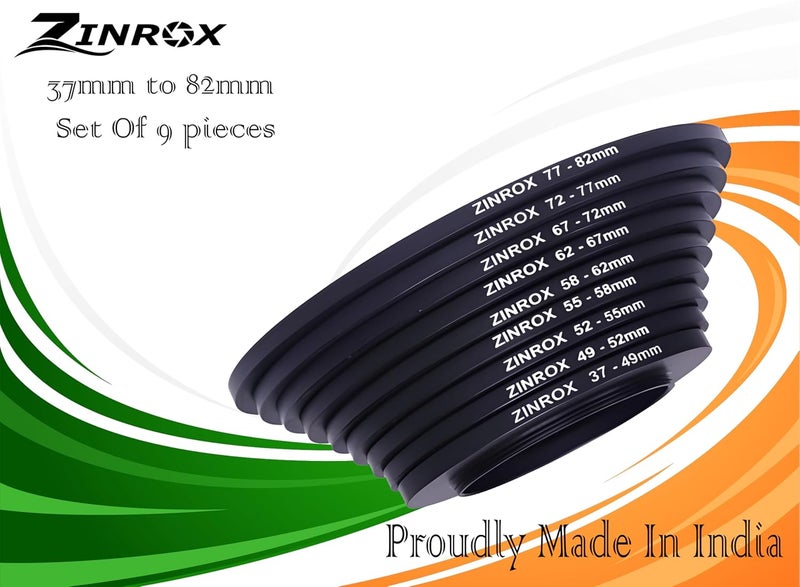 ZINROX® 37mm to 82mm Made in India Stepping Up Ring Filter Adapter, 9 Pieces Set, Sizes: 37-49mm, 49-52mm, 52-55mm, 55-58mm, 58-62mm, 62-67mm, 67-72mm, 72-77mm, and 77-82mm - Image 5