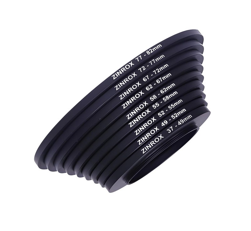 ZINROX® 37mm to 82mm Made in India Stepping Up Ring Filter Adapter, 9 Pieces Set, Sizes: 37-49mm, 49-52mm, 52-55mm, 55-58mm, 58-62mm, 62-67mm, 67-72mm, 72-77mm, and 77-82mm - Image 1