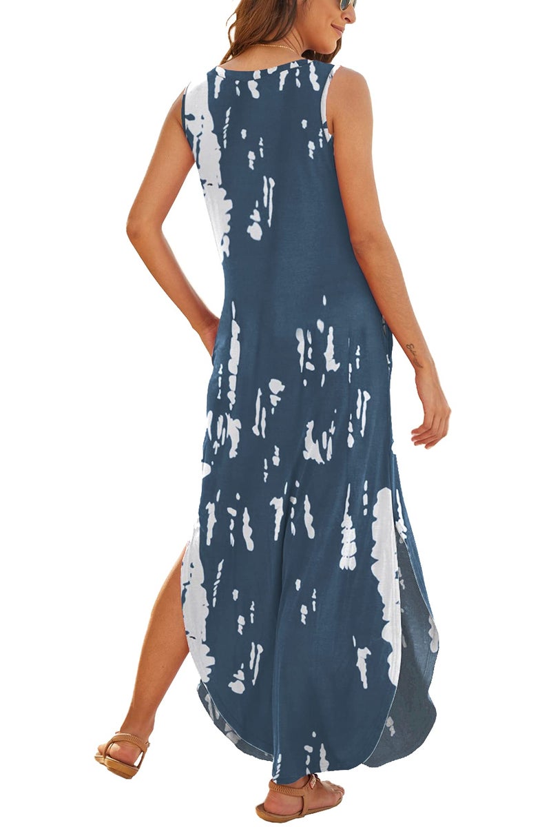 Hount Maxi Dresses for Beach Vacation Women Summer Casual Floral Print Sundresses Tie Dye Blue M - Image 3