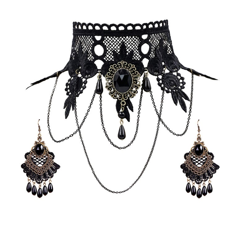 ETERNITY J. Elegant Vintage Princess Black Lace Gothic Statement Necklace Victorian Lolita Choker Pendant Vampire Chain Necklace Earring Set
