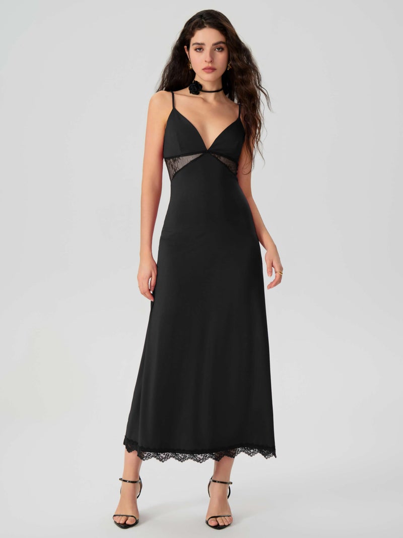 CIDER Women's Summer Semi Formal Dresses Satin Lace V Neck Spaghetti Strap Slip Midi Dress Sexy Dresses Nightgown Party Black - Image 2