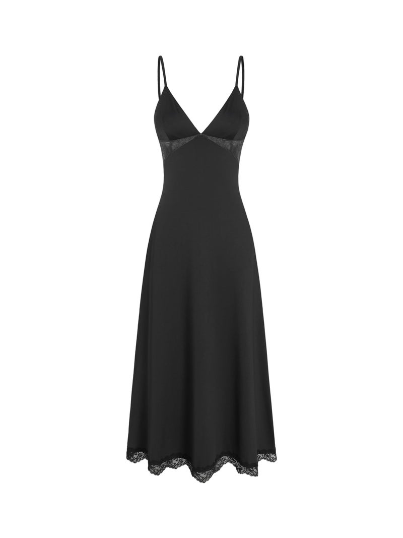 CIDER Women's Summer Semi Formal Dresses Satin Lace V Neck Spaghetti Strap Slip Midi Dress Sexy Dresses Nightgown Party Black - Image 1