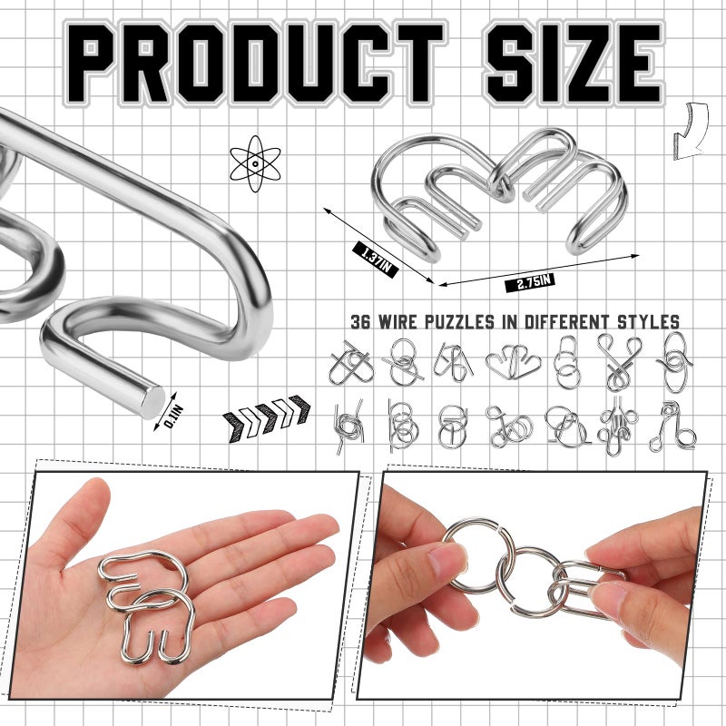 Yilloog Metal Brain Teaser Puzzles Set of 36 with Pouch, Steel IQ Games Physics Mind Metal Puzzles for Adults Basket Stocking Stuffers for Boys Girls Adults Challenge Gifts (Easy) - Image 2