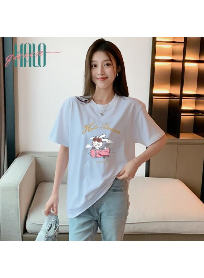 HALOQUEEN Halo Queen Women's Summer Short Sleeve Round Neck T-shirt Cute Rabbit Print Loose Slim Top H143t1417 - Image 2