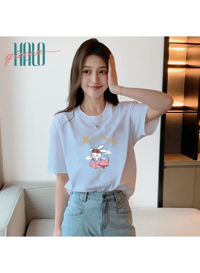 HALOQUEEN Halo Queen Women's Summer Short Sleeve Round Neck T-shirt Cute Rabbit Print Loose Slim Top H143t1417 - Image 5