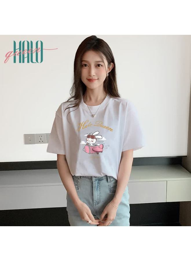 HALOQUEEN Halo Queen Women's Summer Short Sleeve Round Neck T-shirt Cute Rabbit Print Loose Slim Top H143t1417 - Image 1