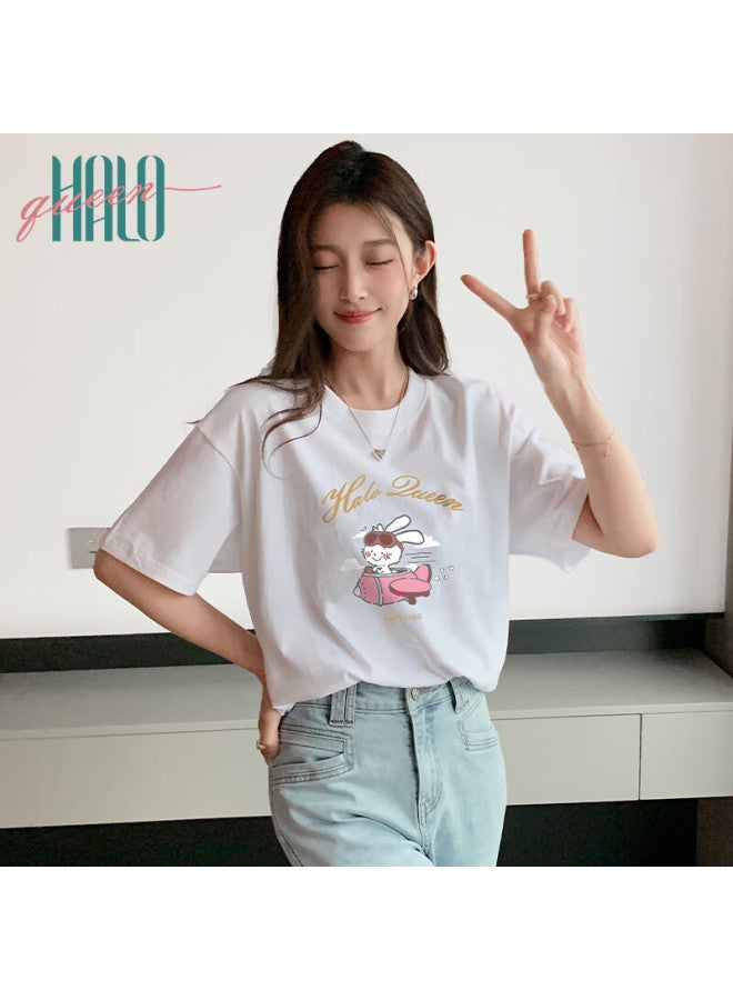 HALOQUEEN Halo Queen Women's Summer Short Sleeve Round Neck T-shirt Cute Rabbit Print Loose Slim Top H143t1417 - Image 4