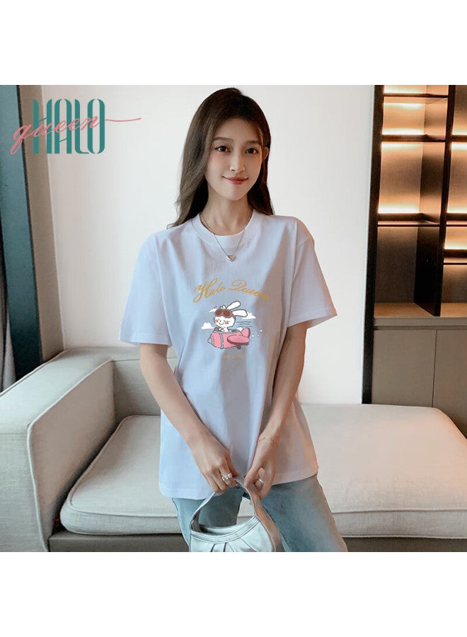 HALOQUEEN Halo Queen Women's Summer Short Sleeve Round Neck T-shirt Cute Rabbit Print Loose Slim Top H143t1417 - Image 3