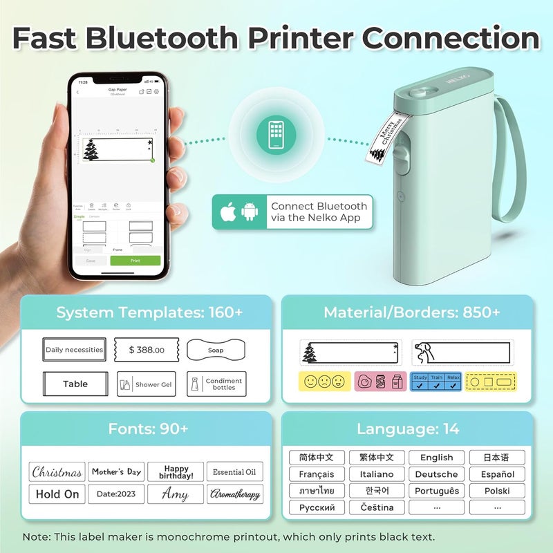 Nelko Label Printer, Bluetooth P21 Self-Adhesive Labelling Device, Portable Labelling Device, Self-Adhesive Label Printer, Wireless, Mini Label Printer with iOS Android, for Home, Office, Green - Image 2