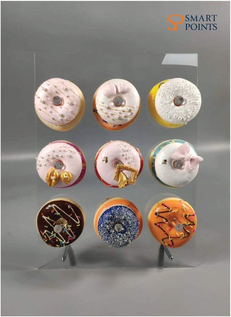 SMARTPOINTS Reusable Acrylic Donut Wall Display Stand On Table Crystal Clear Handmade Donut Holder for Baby Showers Birthday Holiday Gathering Donut Party Decorations and More 9 Pillars  - Image 3