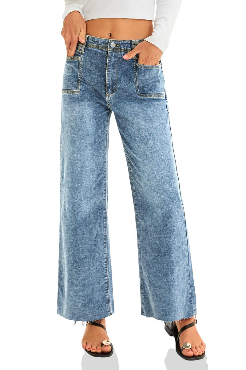 Cicy Bell Womens High Waisted Cropped Jeans Trendy Stretchy Baggy Straight Leg Raw Hem Capri Denim Pants Wash Blue - Image 4