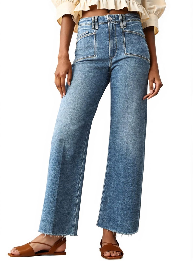 Cicy Bell Womens High Waisted Cropped Jeans Trendy Stretchy Baggy Straight Leg Raw Hem Capri Denim Pants Wash Blue - Image 1