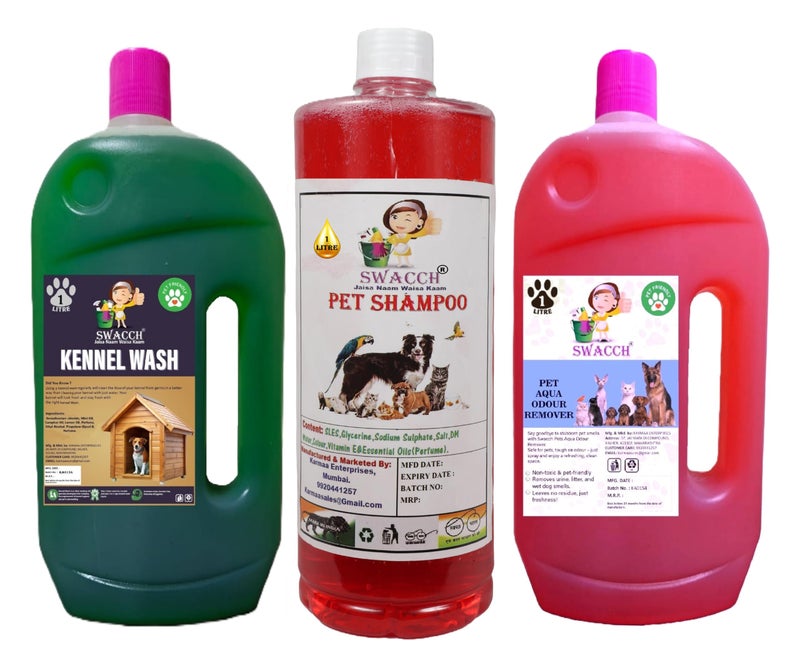 swacch Kennel Wash (Jasmine) + Pet Shampoo (Strawberry) I Pet Aqua Odour Remover (Rose) 1 Litre Combo Pack of 3 Economical Pack I Dog and Cat Friendly - Image 1
