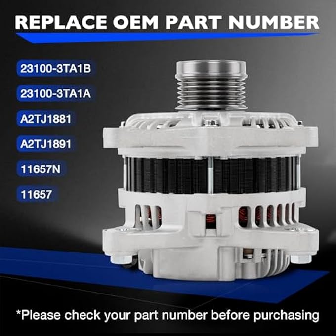 Misakomo PG-11657 Alternator Compatible with Nissan Altima L4 2.5L 2013-2018, Replaces 23100-3TA1B, 23100-3TA1A, A2TJ1881, A2TJ1891, 11657, 11657N, 110A 12V 6-Groove Pulley CW - Image 3