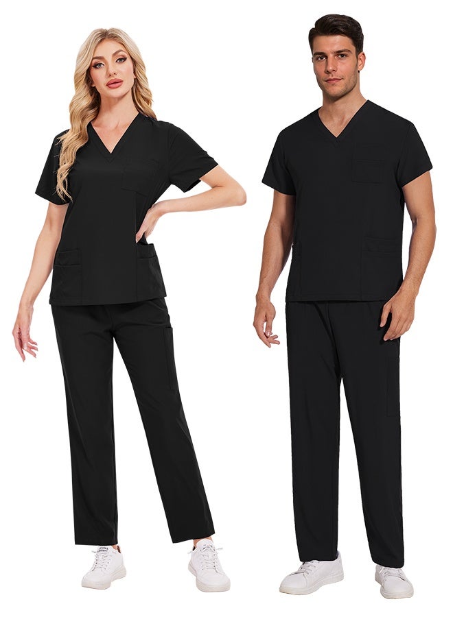 Womens Men Medical Scrubs Set Unisex Scrub Top and Scrub Pant Set Medical Uniform Scrubs Medical Uniform Set (Black)