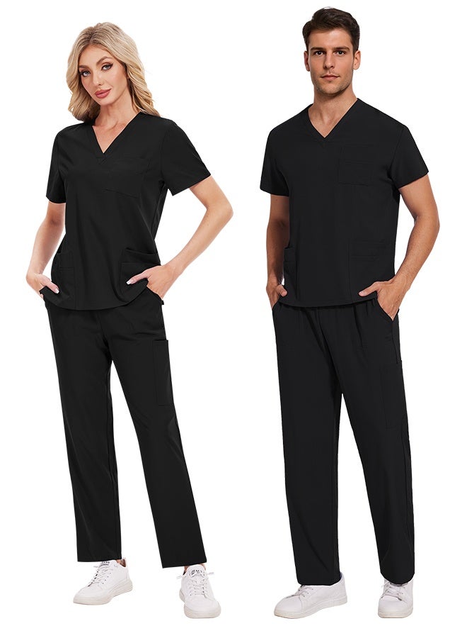 Womens Men Medical Scrubs Set Unisex Scrub Top and Scrub Pant Set Medical Uniform Scrubs Medical Uniform Set (Black)