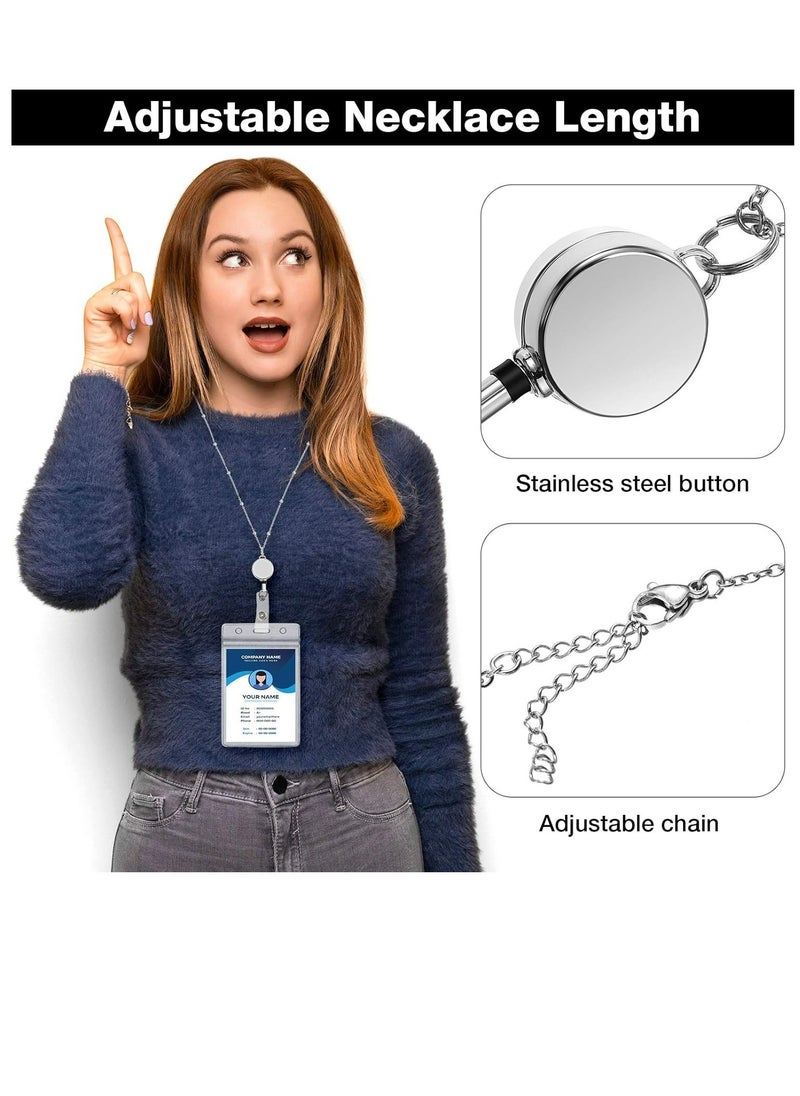 Generic 2 Pieces Badge Lanyard with ID Holders Stainless Steel Badge Necklace Retractable Reel Clip Chain Water Resistant Name Badge Holders (Black, Silver)  - Image 2