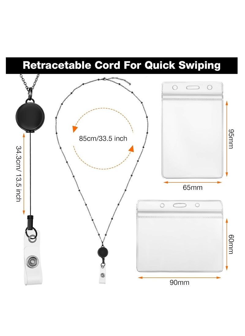 Generic 2 Pieces Badge Lanyard with ID Holders Stainless Steel Badge Necklace Retractable Reel Clip Chain Water Resistant Name Badge Holders (Black, Silver)  - Image 3