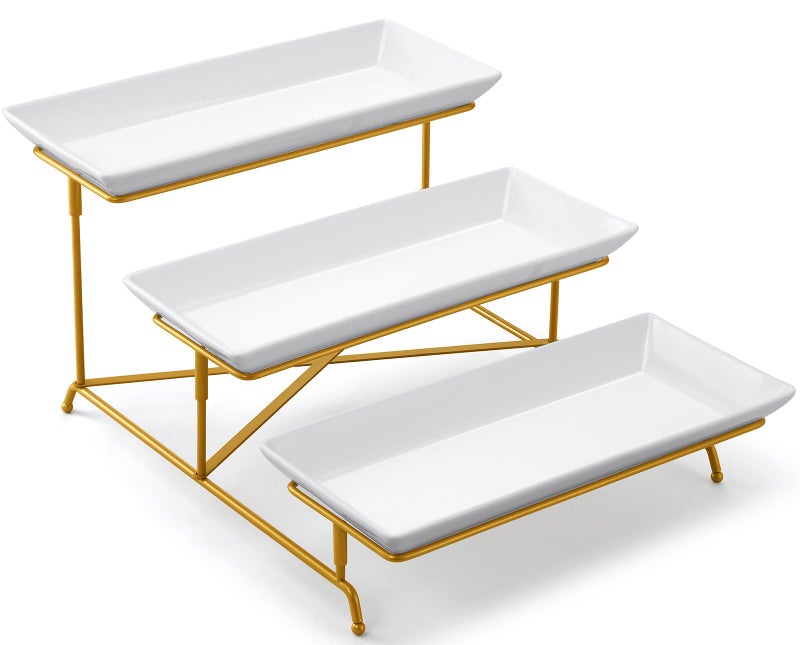 Yedio 3 Tier Serving Tray Set 14 Inch Porcelain Tiered Serving Platters Collapsible Sturdier Stand with Stable Cross Bars Three Layer Serving for Party Entertaining Food Display Fruit Dessert