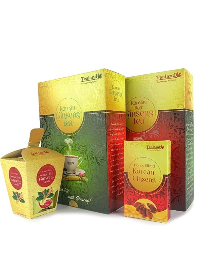 Tealand Ginseng Bundle with Korean Red Ginseng Tea (50 sachets) Ginseng Tea  (50 sachets) Ginseng Honey Slice (1 Box) or 10pcs of Candy, 0.45L  - Image 1