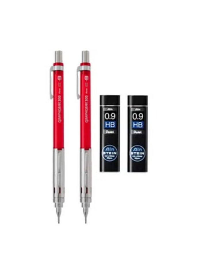 Pentel قلم رصاص ميكانيكي جراف جير 300 بقطعتين 0.9 مم برميل أحمر مع عبوتين من الرصاص - Image 1