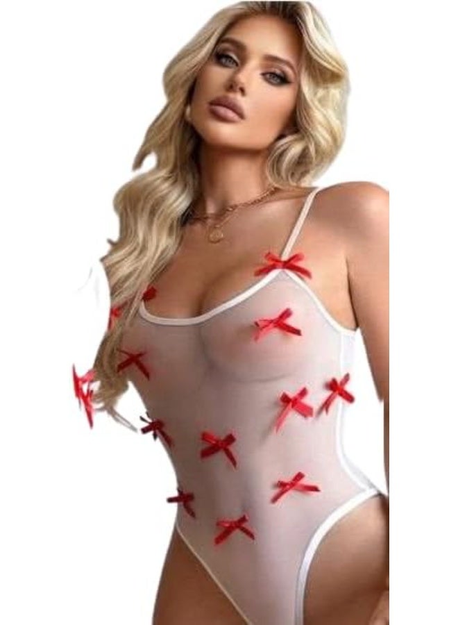 Hanady Women's Soft Mesh Lingerie One-Piece with Red Bows and Cross Back Straps Sheer Design with Slim Straps One Size Hn 1103 - Image 3